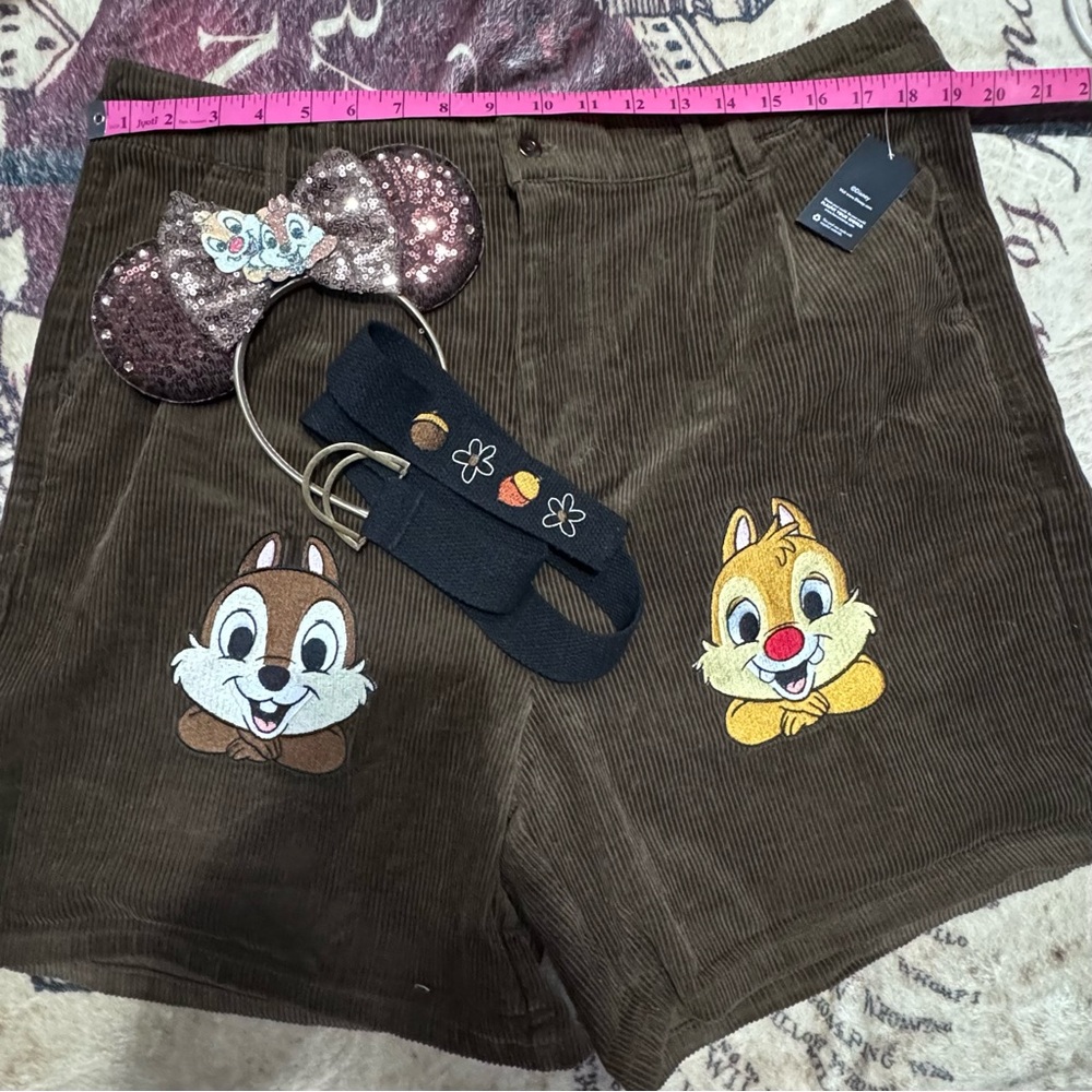 Hot Topic Disney Chip ‘N’ Dale corduroy shorts with matching Disney ears